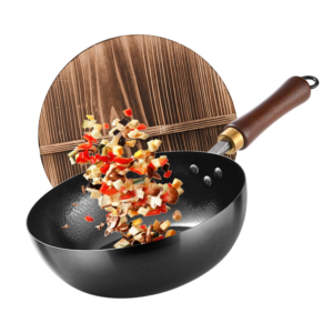 Carbon Steel Wok Pan, 9.5 “ Woks & Stir-Fry Pans with Wooden Lid Cookwares, Nonstick Wok, No Chemical Coated Flat Bottom Hand Hammered Chinese Wok For for Electric, Induction,Gas Stoves