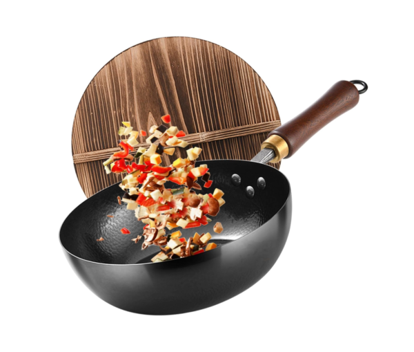 Carbon Steel Wok Pan, 9.5 “ Woks & Stir-Fry Pans with Wooden Lid Cookwares, Nonstick Wok, No Chemical Coated Flat Bottom Hand Hammered Chinese Wok For for Electric, Induction,Gas Stoves