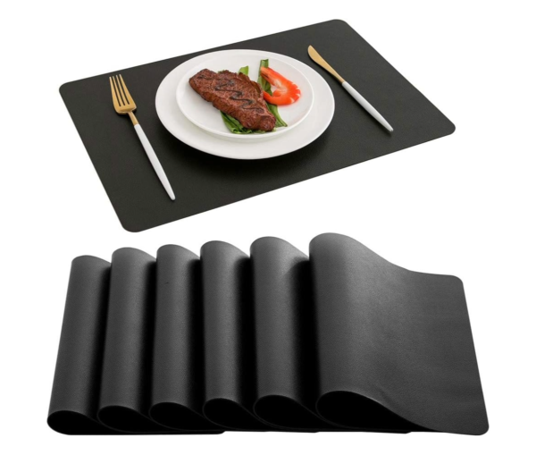 DOLOPL Placemats Set of 6, Black Waterproof Faux Leather Heat Resistant Mats for Kitchen Dining Room Table Decorations, Anti Slip Dining Table Place Mats for Indoor & Outdoor Use