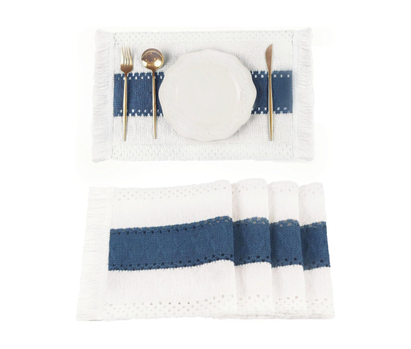 FEXIA Blue Boho Placemats Set of 4, Macrame Table Decor and Farmhouse Style Placemats Natural Cotton Burlap, for Dining Table, Blue