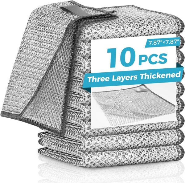 Forggon10 Pcs New Upgrade3-Layer metal Dish Cloth, No Scratches Multipurpose Wire Dishwashing Rag for Wet and Dry, Kitchen Cleaning Dish Rags, Sinks, Dishes, Stove