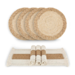 Handmade Boho Placemats Set of 4 - Natural Cotton Burlap and Water Straw Woven Combination Table Mats, Macrame Décor and Farmhouse Style Placemats, for Dining Table Kitchen