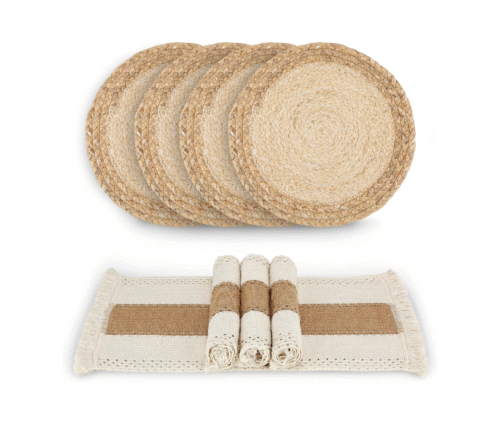 Handmade Boho Placemats Set of 4 - Natural Cotton Burlap and Water Straw Woven Combination Table Mats, Macrame Décor and Farmhouse Style Placemats, for Dining Table Kitchen