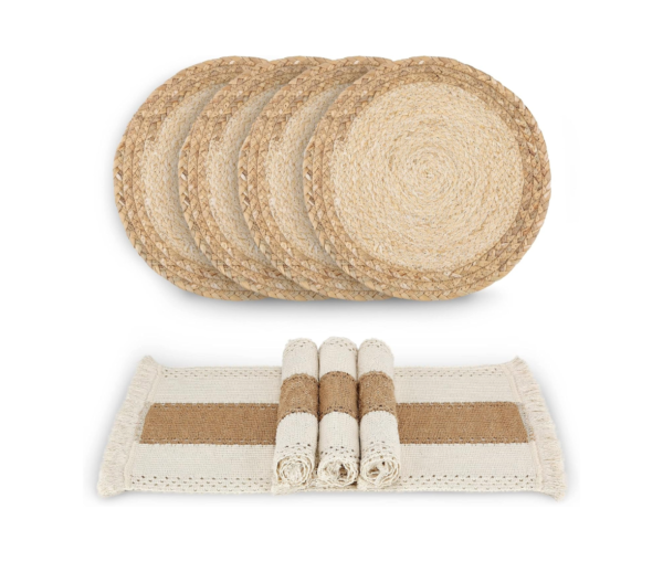 Handmade Boho Placemats Set of 4 - Natural Cotton Burlap and Water Straw Woven Combination Table Mats, Macrame Décor and Farmhouse Style Placemats, for Dining Table Kitchen