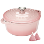 Overmont Enameled Cast Iron Dutch Oven - 5.5QT Pot with Lid Cookbook & Cotton Potholders - Heavy-Duty Cookware for Braising, Stews, Roasting, Bread Baking Pink