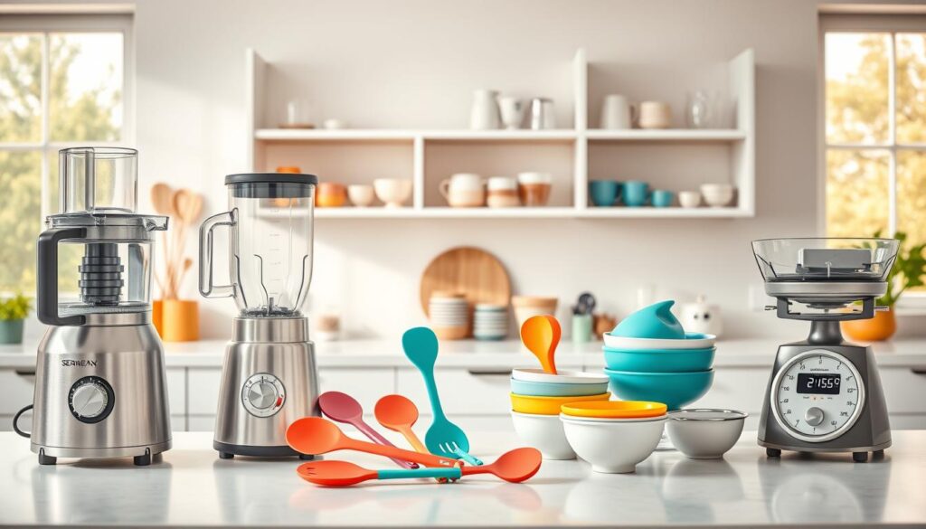 A bright, modern kitchen countertop scene showcasing an array of trendy Seran Kitchen Products gadgets. In the foreground, a sleek, stainless steel food processor, a high-powered blender, and a precision digital kitchen scale stand out against a minimalist backdrop. In the middle ground, a colorful assortment of silicone spatulas, whisk, and a set of nesting mixing bowls catch the eye. The background features a clean-lined, open shelving unit displaying an eclectic mix of ceramic mugs, glass jars, and other stylish culinary essentials. Warm, natural lighting from large windows creates a welcoming, aspirational atmosphere that highlights the premium, high-quality design of the Seran Kitchen Products.