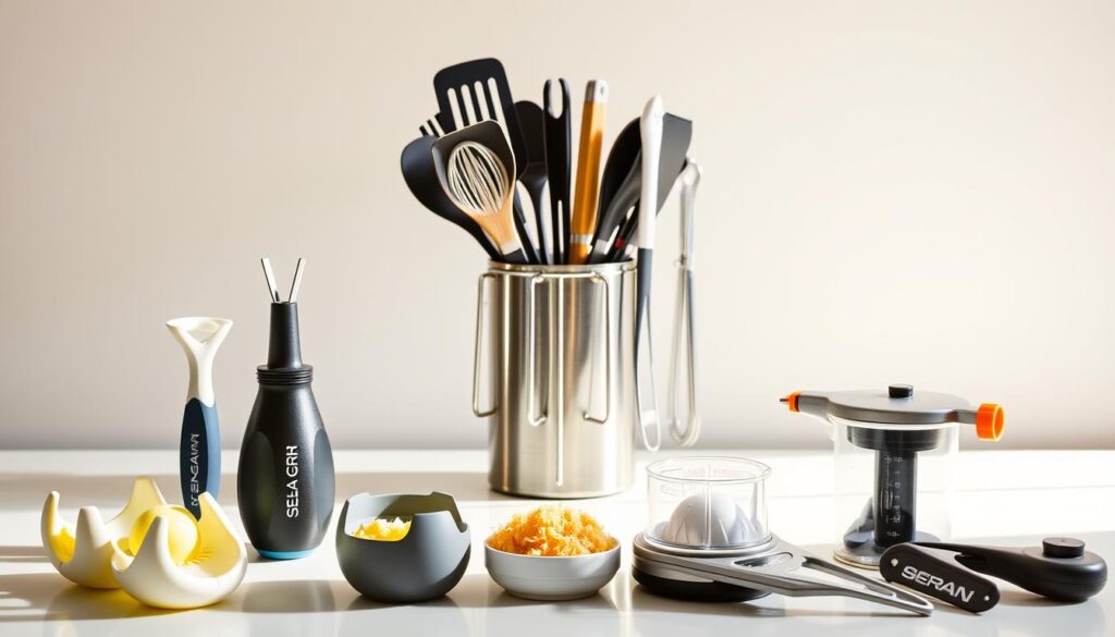 A captivating arrangement of unique kitchen gadgets from the Seran Kitchen Products brand, showcased against a clean, minimalist background. The foreground features an array of innovative tools, including a quirky egg separator, a dual-bladed vegetable slicer, and a sleek citrus juicer with an integrated measuring cup. In the middle ground, a modern, stainless steel utensil holder displays a variety of specialized spatulas, tongs, and whisks, all designed to streamline and enhance the cooking experience. The background is bathed in soft, natural lighting, creating a warm and inviting atmosphere that inspires culinary exploration and creativity.