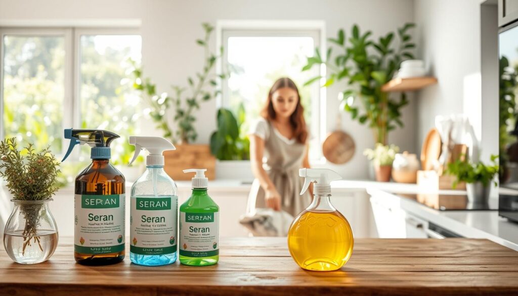 A contemporary, well-lit kitchen with eco-friendly cleaning products in the foreground. In the middle, a person wearing sustainable attire is wiping down the countertops with a reusable cloth, using Seran Kitchen Products. The background features lush greenery and natural light, conveying a tranquil, environmentally-conscious atmosphere. The scene is captured with a wide-angle lens, highlighting the harmonious integration of sustainable practices into the kitchen setting.