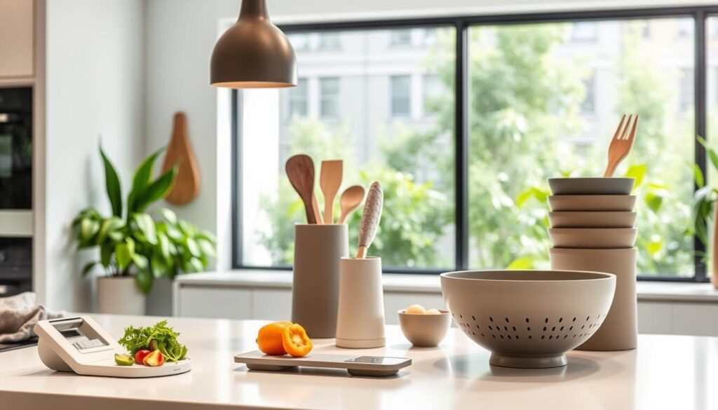 A modern and minimalist kitchen scene showcasing an array of innovative Seran Kitchen Products accessories. In the foreground, sleek and functional kitchen gadgets such as a precision vegetable slicer, a magnetic knife strip, and a multi-purpose colander sit atop a clean, white countertop. The middle ground features a stylish utensil holder and a set of stackable storage containers in muted, earthy tones. In the background, a large window offers a view of a lush, green urban garden, casting a soft, natural light across the scene. The overall mood is one of effortless elegance and thoughtful design, highlighting the practical yet visually appealing nature of these Seran Kitchen Products.