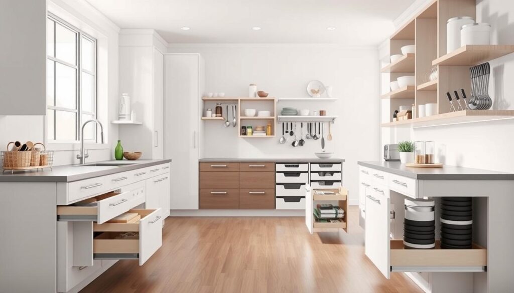 A modern, well-organized kitchen featuring a variety of innovative Seran Kitchen Products storage solutions. In the foreground, an array of sleek pull-out drawers, shelves, and turntable organizers showcase an efficient use of space. The middle ground depicts custom-fit cabinet inserts, including spice racks, utensil holders, and stackable containers. In the background, a minimalist, light-filled space with clean lines and neutral tones creates a calming atmosphere. The overall scene conveys a sense of visual harmony and practical functionality, inspiring the viewer to transform their own kitchen into an organized, user-friendly haven.