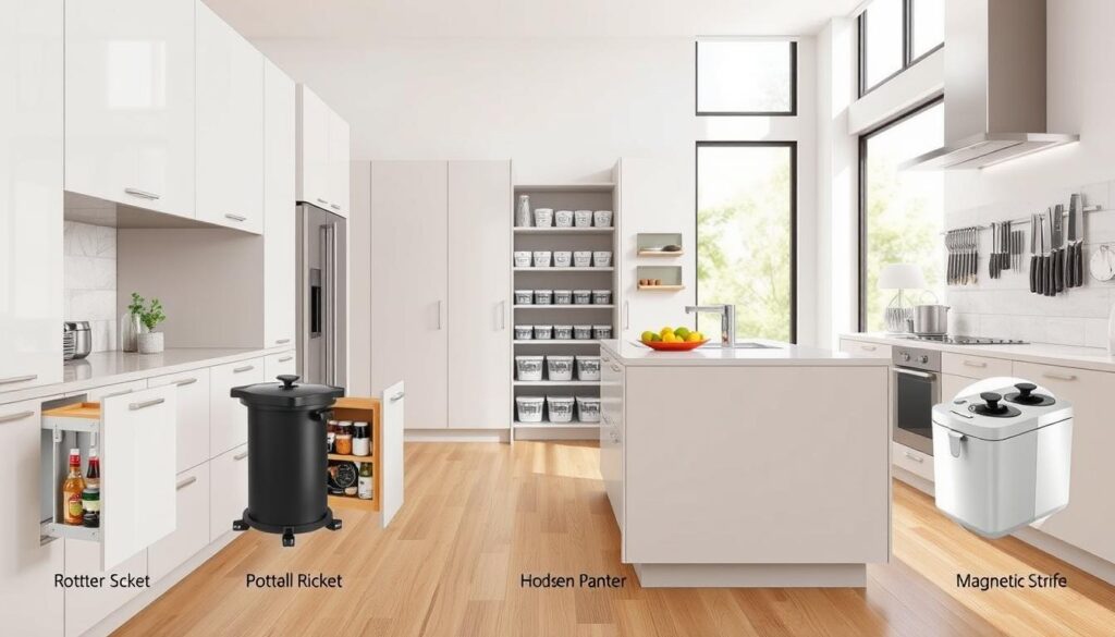 A modern, well-organized kitchen interior with sleek, minimalist cabinetry and a central island. The foreground showcases various Seran Kitchen Products storage solutions, including a pull-out spice rack, a rotating utensil holder, and a hidden trash bin. The middle ground features a neatly arranged pantry with labeled containers and a wall-mounted magnetic knife strip. The background highlights ample natural lighting from large windows, creating a bright and airy atmosphere. The scene conveys a sense of efficiency, practicality, and a thoughtful approach to kitchen organization.