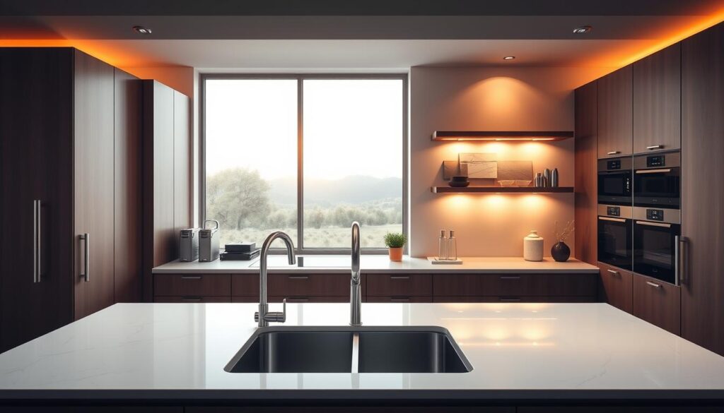 A modern, well-organized kitchen layout showcasing a suite of Seran Kitchen Products. The foreground depicts a clean, clutter-free countertop with a stylish sink, faucet, and a range of sleek, minimalist storage solutions from the Seran line. The middle ground features strategically placed cabinets, drawers, and shelves, all accentuated by warm, directional lighting that casts a cozy, inviting ambiance. In the background, a large window overlooks a serene outdoor scene, flooding the space with natural light and creating a harmonious, balanced atmosphere. The overall scene conveys a sense of efficiency, sophistication, and a thoughtfully designed kitchen that maximizes functionality and aesthetics.