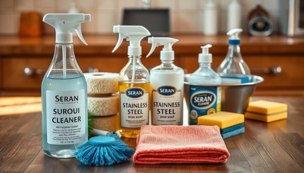 A neatly arranged collection of essential kitchen cleaning supplies on a wooden surface, bathed in soft, warm lighting. In the foreground, a bottle of Seran Kitchen Products All-Purpose Cleaner, a scrub brush, and a set of microfiber cloths. In the middle ground, a spray bottle of Seran Kitchen Products Stainless Steel Cleaner, a sponge, and a roll of paper towels. In the background, a bottle of Seran Kitchen Products Dish Soap, a small dustpan and brush, and a couple of clean sponges. The overall scene conveys a sense of organization and preparedness for the deep cleaning process.