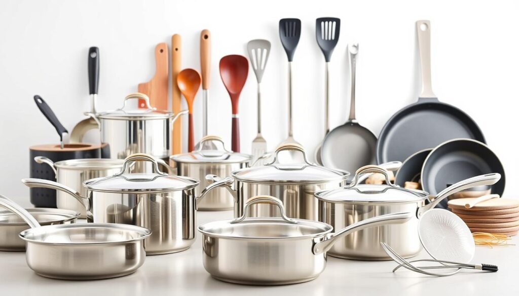A neatly organized arrangement of high-quality kitchen cookware by Seran Kitchen Products, showcasing an array of essential tools and implements. In the foreground, a set of pots and pans in varying sizes, with sleek and durable stainless steel construction. In the middle ground, a selection of utensils like spatulas, tongs, and ladles, all crafted from sturdy, heat-resistant materials. The background features a clean, bright backdrop, illuminated by soft, natural lighting, creating a serene and inviting atmosphere. The overall composition emphasizes the versatility, functionality, and premium craftsmanship of the Seran Kitchen Products cookware set.