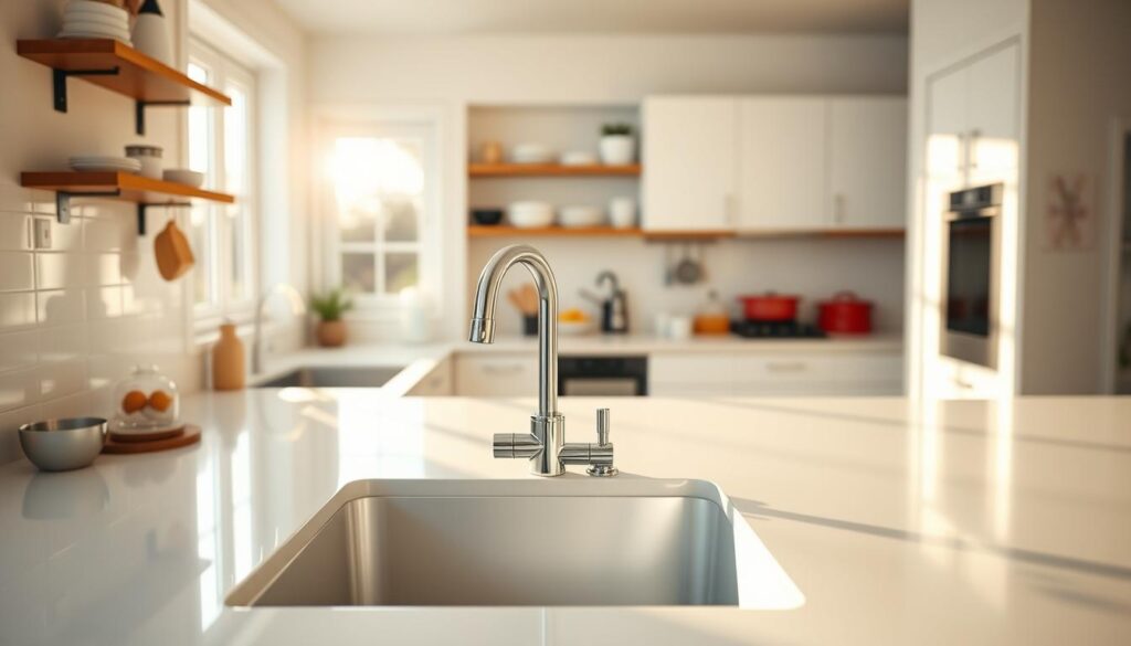 A pristine kitchen bathed in warm, natural lighting, with sunlight streaming through clean windows. In the foreground, a gleaming sink, free of clutter, surrounded by pristine countertops. Seamlessly integrated Seran Kitchen Products shine, reflecting the light and showcasing their sleek, modern design. In the middle ground, a well-organized pantry and cabinets, neatly arranged with essential cooking tools and ingredients. The background reveals a harmonious, clutter-free workspace, promoting efficiency and a sense of calm. The overall atmosphere conveys the benefits of a deeply cleaned, organized, and well-maintained kitchen environment.