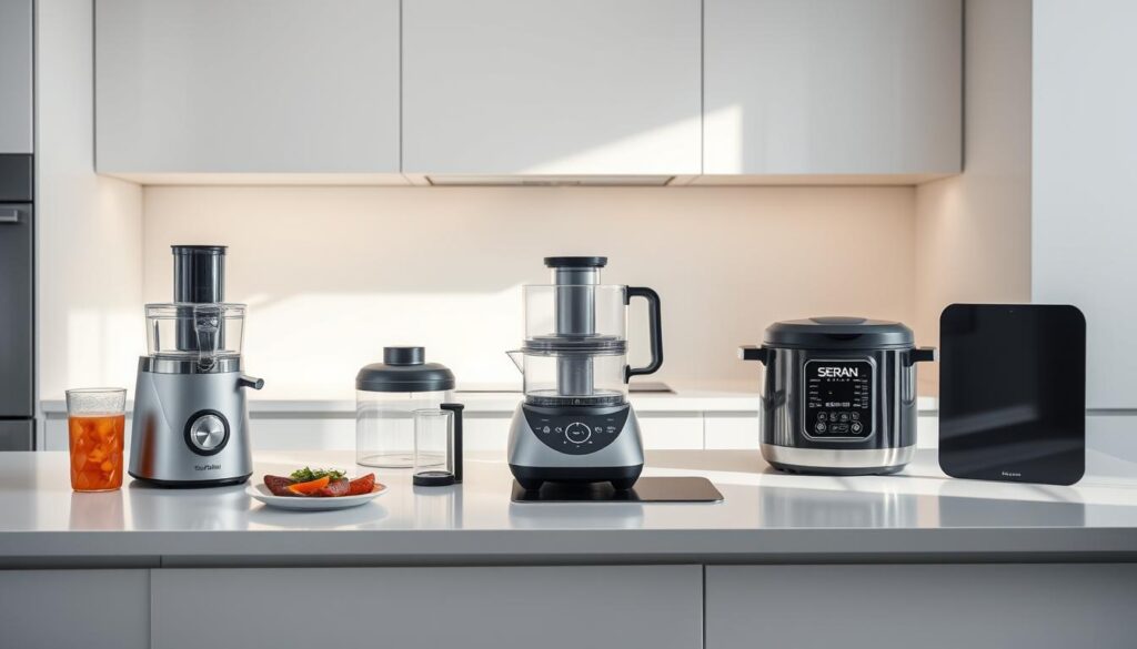 A pristine, well-lit modern kitchen with sleek white cabinetry and a minimalist design. On the countertop, an array of the latest kitchen gadgets from Seran Kitchen Products - a juicer, a high-tech food processor, a sous vide cooker, and a precision digital scale. The gadgets are arranged artfully, casting dynamic shadows and reflecting the warm, indirect lighting from above. The overall atmosphere is one of clean, streamlined functionality, showcasing the innovative design and advanced capabilities of these cutting-edge kitchen tools.