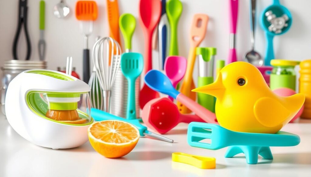 A vibrant array of unique kitchen gadgets from the "Seran Kitchen Products" brand, captured in a bright, light-filled studio setting. In the foreground, an innovative citrus juicer with a sleek, modern design sits alongside a quirky, bird-shaped egg separator. In the middle ground, a set of silicone cooking utensils in a rainbow of colors, including a whisk, spatula, and tongs, create a playful, eye-catching display. In the background, a collection of stylish and functional gadgets, such as a multi-purpose can opener, an adjustable garlic press, and a compact herb chopper, hint at the diverse and imaginative tools that make cooking a delight.