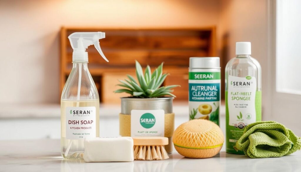 A well-lit kitchen counter showcases an assortment of eco-friendly cleaning supplies from the Seran Kitchen Products brand. In the foreground, a glass spray bottle, a bar of solid dish soap, and a natural fiber scrub brush sit neatly arranged. The middle ground features a compostable sponge and a tin of plant-based all-purpose cleaner. In the background, a potted succulent and a wooden crate add a touch of natural charm, while soft, diffused lighting creates a warm, inviting atmosphere. The scene conveys a sense of sustainability, practicality, and a commitment to a greener, healthier kitchen cleaning routine.