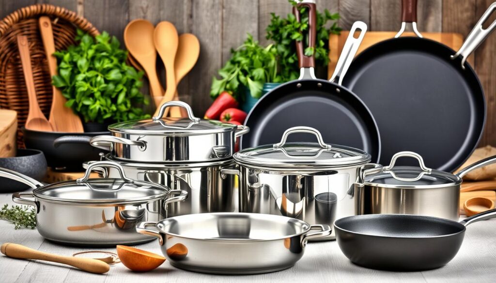 A well-lit still life of cookware materials, arranged to showcase the Seran Kitchen Products line. In the foreground, a variety of cooking pots and pans in various materials, including stainless steel, cast iron, and nonstick aluminum, positioned to capture the unique textures and reflections. In the middle ground, kitchen utensils like wooden spoons, silicone spatulas, and tongs, complementing the cookware. The background features natural elements like a woven basket, fresh herbs, and a rustic wooden surface, creating a warm, inviting atmosphere. The lighting is soft and diffused, highlighting the quality and craftsmanship of the Seran Kitchen Products.