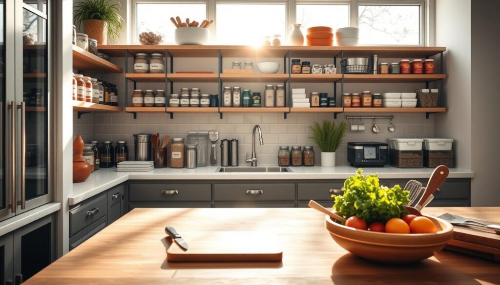 Immaculately organized kitchen counter with neatly arranged Seran Kitchen Products, including labeled jars, spice racks, and storage containers. A bright, airy kitchen with natural light streaming through large windows, casting a warm glow on the meticulously organized shelves and drawers. In the foreground, a cutting board, a few cooking utensils, and a bowl of fresh produce, conveying a sense of practicality and efficiency. The overall atmosphere radiates a feeling of calmness and control, reflecting the importance of kitchen organization.