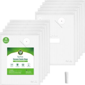 2025 Upgraded Syntus Vacuum Sealer Bags for Food, 10 Pcs Medium Size 10 x 13.8 Food Storage Bags for Sous Vide Cooking Microwave Heating, Air Valve Zipper Bags & Zip Clips