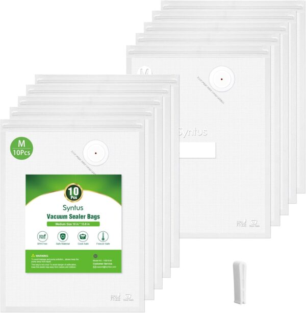 2025 Upgraded Syntus Vacuum Sealer Bags for Food, 10 Pcs Medium Size 10 x 13.8 Food Storage Bags for Sous Vide Cooking Microwave Heating, Air Valve Zipper Bags & Zip Clips
