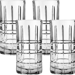 Material Glass Capacity 12 ounces About this item INCLUDES: This drinking glass set contains (4) 16-ounce tea glasses. Made of durable all-clear glass. ICONIC DESIGN: Look closely and you’ll spot Manchester glasses in legendary films and TV shows. A deep grid on thick glass offers the perfect blend of decorative style and reliability. VERSATILE USE: Juice, tea, water, or soda. A classic highball, unique cocktail, scotch, bourbon, and much more. Welcome to your home the all-encompassing drinking glasses. SAFE: Anchor Hocking drinking glasses are dishwasher, microwave, and fridge safe. Pure glass resists odors and stains. MADE IN USA: We’ve operated in Ohio since 1905. 115 years later, our drinking glasses are still proudly made in America.