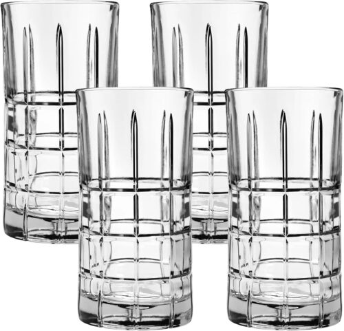 Material Glass Capacity 12 ounces About this item INCLUDES: This drinking glass set contains (4) 16-ounce tea glasses. Made of durable all-clear glass. ICONIC DESIGN: Look closely and you’ll spot Manchester glasses in legendary films and TV shows. A deep grid on thick glass offers the perfect blend of decorative style and reliability. VERSATILE USE: Juice, tea, water, or soda. A classic highball, unique cocktail, scotch, bourbon, and much more. Welcome to your home the all-encompassing drinking glasses. SAFE: Anchor Hocking drinking glasses are dishwasher, microwave, and fridge safe. Pure glass resists odors and stains. MADE IN USA: We’ve operated in Ohio since 1905. 115 years later, our drinking glasses are still proudly made in America.