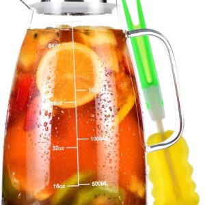 Aofmee Glass Pitcher, 68oz Water Pitcher with Lid and Precise Scale Line, 18/8 Stainless Steel Iced Tea Carafe, Easy Clean Heat Resistant Borosilicate Jug for Juice, Milk, Cold or Hot Beverages