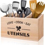 Bamboo Utensil Holder Caddy with 3 Compartments for Kitchen Counter, Rustic Flatware Organizer Cutlery Storage Box for Silverware Fork Spoon Spatula
