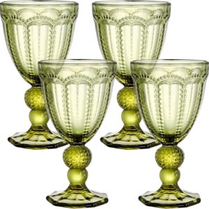Elsjoy Set of 4 Vintage Green Wine Glass, 8.5 Oz Embossed Glass Goblet Colored Stemmed Drinking Glassware, Beverage Stemware for Juice, Cocktail, Party Wedding