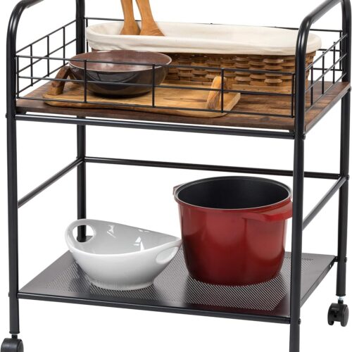 IRIS USA, Inc. 2-Tier Kitchen Storage Rolling Cart with Lockable Caster Wheels, Coffee Cart, Pantry Rack, Home Bar, Serving Cart, Rustic Brown, Wide