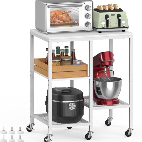 Kitchen Microwave Cart with Wheels,Coffee Bar Table Station,4-Tier Rolling Baker's Oven Rack,Small Appliance Storage Shelf,Utility Trolley Side Table for Kitchen,Office, Living Room (Snowy White)
