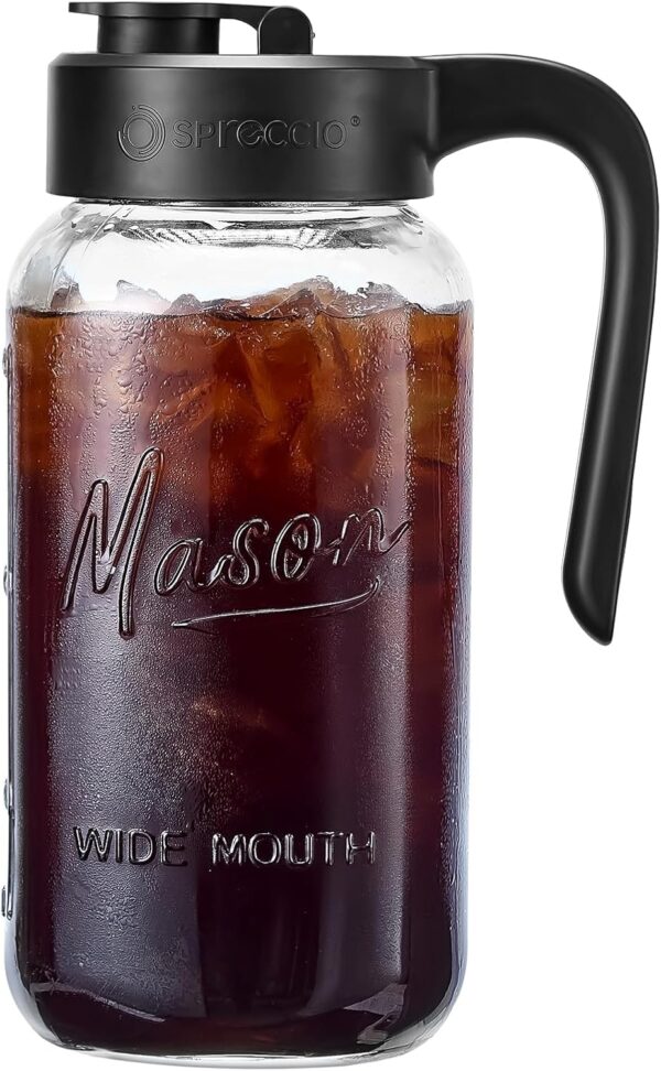 Mason Jar Pitcher - Airtight & Leakproof Glass Pitcher with Lid, Perfect for Breastmilk, Cold Brew, and Sun Tea, 2 Quart (64 oz) Mason Jar with Pour Spout Lid