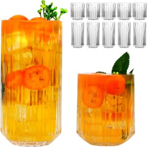 QAPPDA Drinking Glasses Set of 12, Clear Mixed Glassware Set,Vintage Ribbed 13oz Highball Glasses&10 oz Rocks Glass,Origami Style Everyday Glassware for Cocktail,Whiskey,Juice,Water