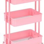 Simple Houseware 3-Tier Heavy Duty Metal Utility Rolling Cart, Pink