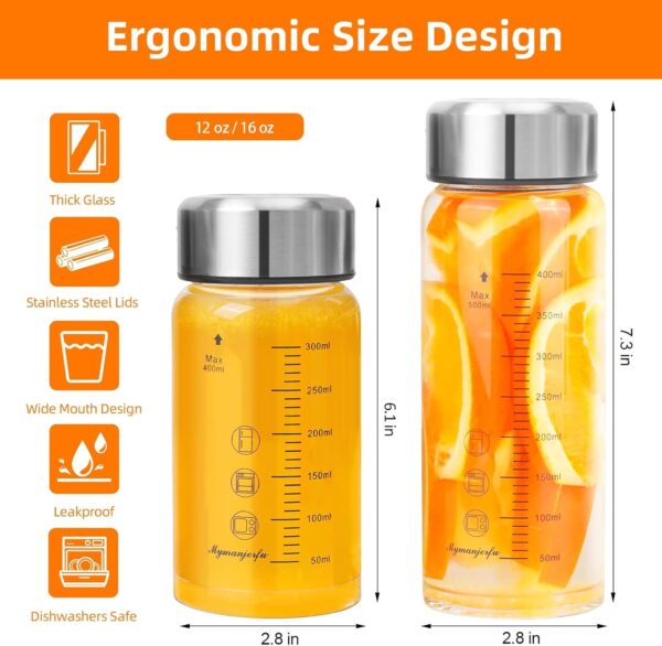 Product Description Stylish, Economical, Safe Beverage Bottles for Use at Home or On the Go glass water bottles Thousands of our customers have come to love their Mymanjerfu glass bottles, and it's all for a good reason. Not only are these bottles stylish and beautiful to look at, they are also tough, durable, chemical free, safe and convenient to use. Try them and you will love them! Tough and Durable, Healthy and Reusable, Leak-free experience juice bottles Mymanjerfu Glass Water Bottles are durable, ultra-clear soda lime glass,100%food safe, odor-free, and chemical-free. The silicone O-ring caps prevent leaks and keep beverages fresh. Reusable and easy to carry, they ensure the purest taste for any stored liquid. For Use at Home or On the Go…… glass bottles with lids Stylish, Classic Look Your freshly squeezed juices look beautiful on your table & in your fridge in these classy air-tight bottles. The slim design gives the bottles a stylish, classic look, no matter where and how you use it. glass juice bottles with lids SLENDER DESIGN Space saving with a lean design, each bottle fits easily in refrigerators & cup holders, Fits perfectly in lunch totes and backpacks juicing bottles reusable glass glass bottle glass drinking bottles with lids Enjoy the Purest Taste, Everytime Unlike cheap plastic water bottles that leech chemicals and odors, Mymanjerfu Glass Water Bottles are food safe and completely free of lead, cadmium, BPA & phthalates. They are perfect for storing juices and other liquids for cooking, allowing you to prepare, and conveniently store for later use. Use these bottles to as safe and convenient refrigerator organization for your drinks/juices/sauces, or take them with you to the gym, office, outdoor picnic, or wherever life takes you.
