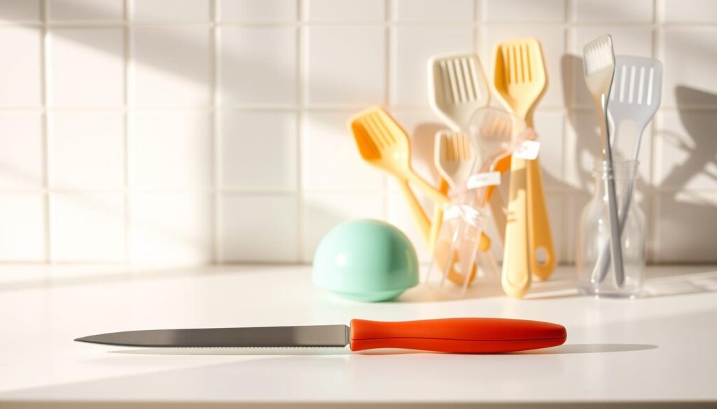 A clean, well-lit kitchen counter showcases two groups of kitchen tools - one made of sleek, shiny silicone, the other of translucent, molded plastic. The silicone tools have a soft, flexible texture, while the plastic ones have a more rigid, brittle appearance. In the foreground, a knife and a spatula from each material are placed side by side, highlighting their distinct properties and visual differences. The background features a subtle gradient, drawing the viewer's attention to the central comparison of the two materials. Warm, natural lighting casts gentle shadows, emphasizing the tactile qualities of the kitchen tools and creating an atmosphere of thoughtful examination.