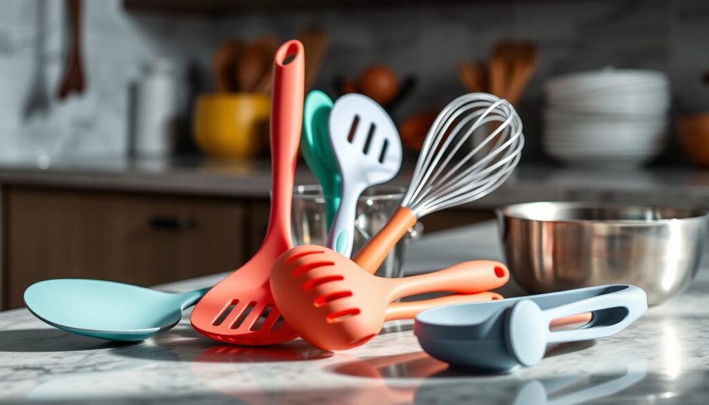 A kitchen counter showcasing an array of silicone tools, including a spatula, whisk, ladle, and tongs. The tools are arranged in a visually appealing manner, highlighting their smooth, flexible, and heat-resistant properties. The scene is well-lit, with soft, natural lighting casting gentle shadows and highlighting the vibrant colors of the silicone. The background is blurred, allowing the kitchen tools to be the focal point. The overall mood is one of efficiency, functionality, and a commitment to sustainable, high-quality kitchen equipment.
