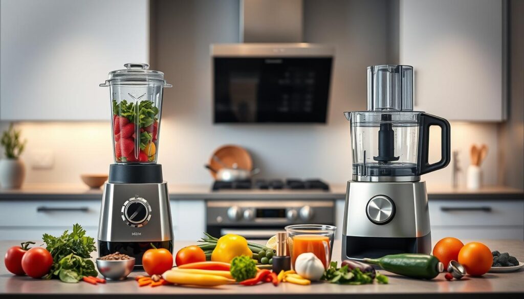 A modern kitchen interior with a sleek countertop showcasing both a high-powered blender and a versatile food processor. Soft, directional lighting illuminates the appliances, emphasizing their distinct designs and functionalities. In the foreground, various culinary ingredients - fresh produce, spices, and cooking utensils - are artfully arranged, hinting at the versatility and capabilities of these two kitchen tools. The background features minimalist decor, allowing the appliances to take center stage and inviting the viewer to consider their preferences for blending or food processing tasks. The overall composition captures the consumer's dilemma of choosing between a blender or a food processor for their cooking needs.
