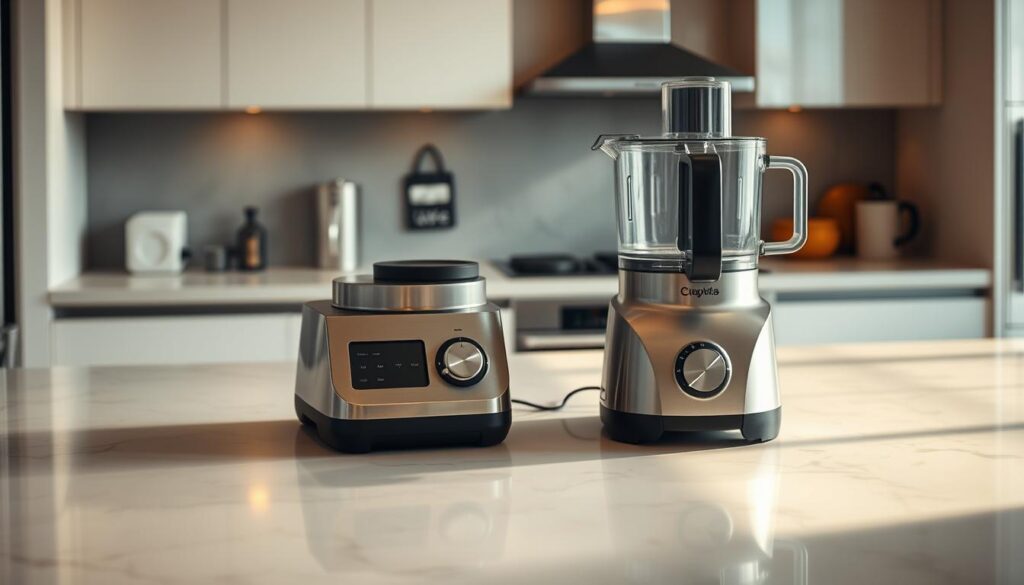 A modern, minimalist kitchen scene with a blender and a food processor on a sleek, marble countertop. Warm, indirect lighting creates soft shadows and highlights the textures of the appliances. The background is a blurred, out-of-focus view of the rest of the kitchen, hinting at the larger context. The arrangement of the appliances creates a sense of comparison and choice, guiding the viewer's focus to the task of selecting the right kitchen tool. The overall mood is one of thoughtful consideration, as if the viewer is making a final decision on which appliance to purchase.