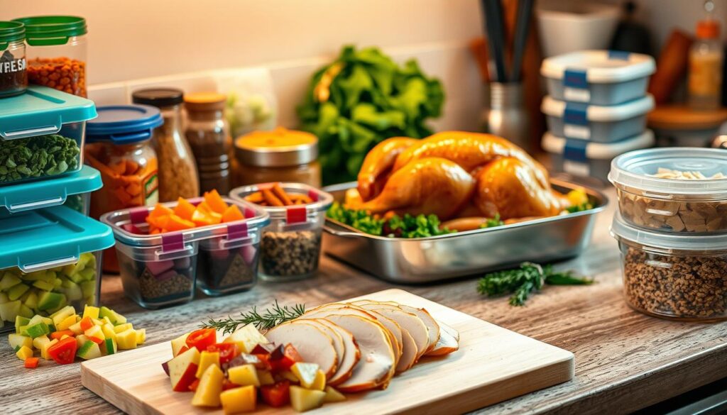 A well-organized kitchen counter with an array of meal prep containers, colorful chopped vegetables, and a variety of spices and seasonings. In the foreground, a cutting board with freshly sliced turkey breast, potatoes, and herbs, illuminated by soft, warm lighting. In the background, a classic roasting pan with a golden-brown turkey, surrounded by steaming side dishes. The atmosphere conveys a sense of calm efficiency and thoughtful preparation, setting the stage for a stress-free, delicious holiday feast.